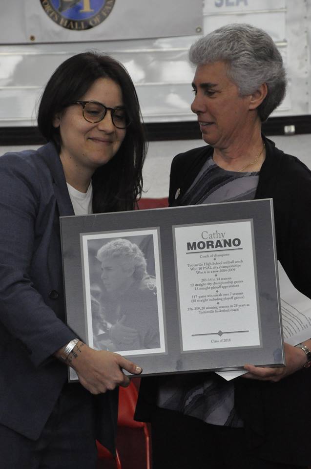 Cathy Morano receiving her plaque for induction to the Staten Island Sports Hall of Fame in 2019