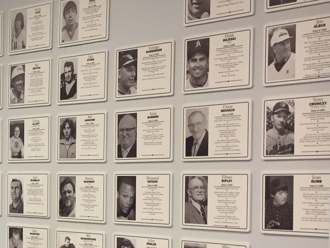 Wall with plaques of inductees from the Staten Island Sports Hall of Fame