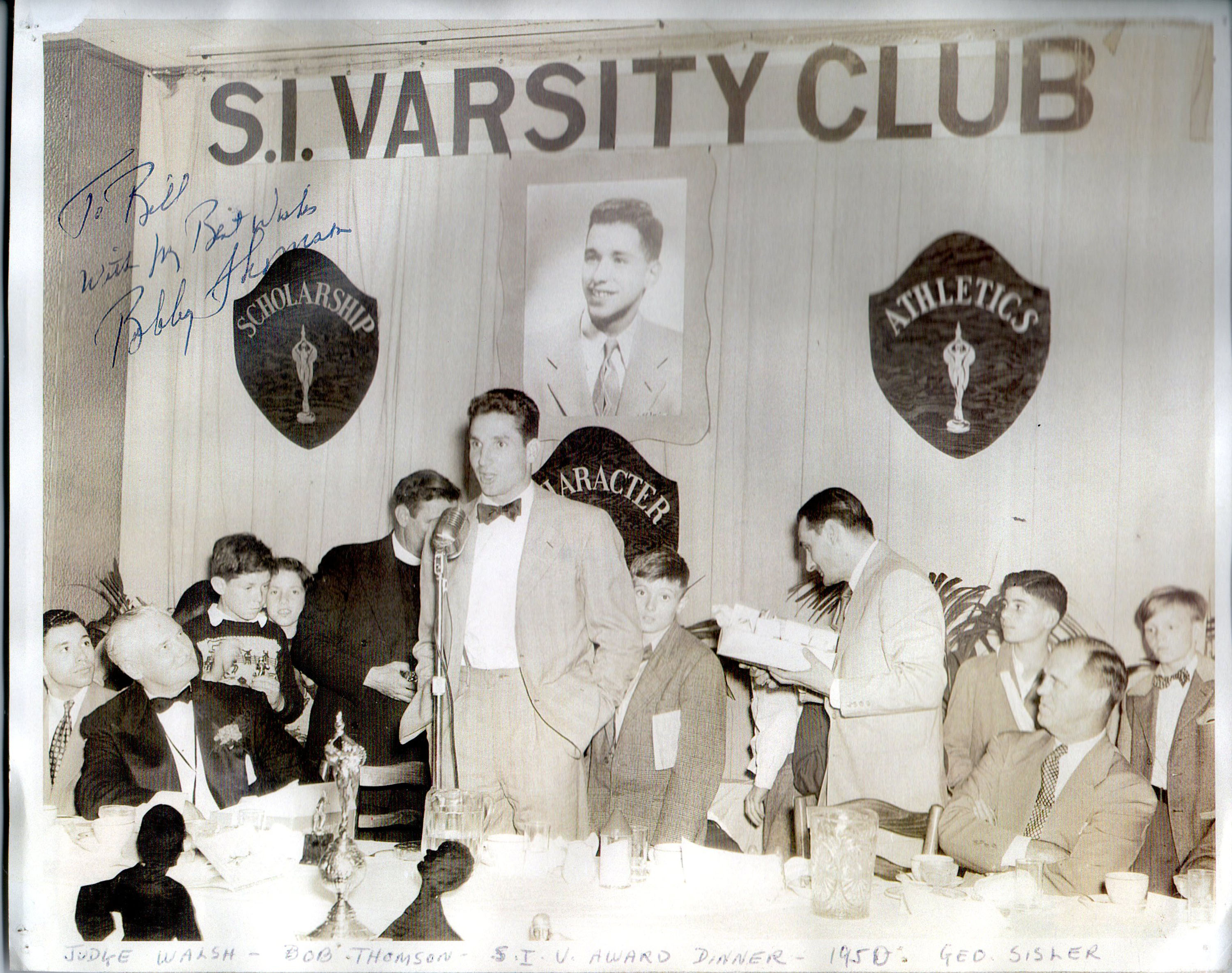 Bobby Thompson speaking at the SI Varsity Awards Dinner in 1950
